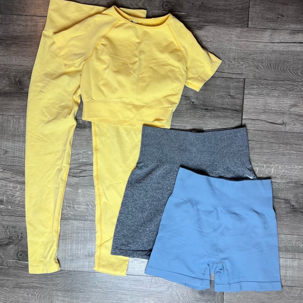 Yellow Activewear Set with Gray and Blue Shorts Bundle